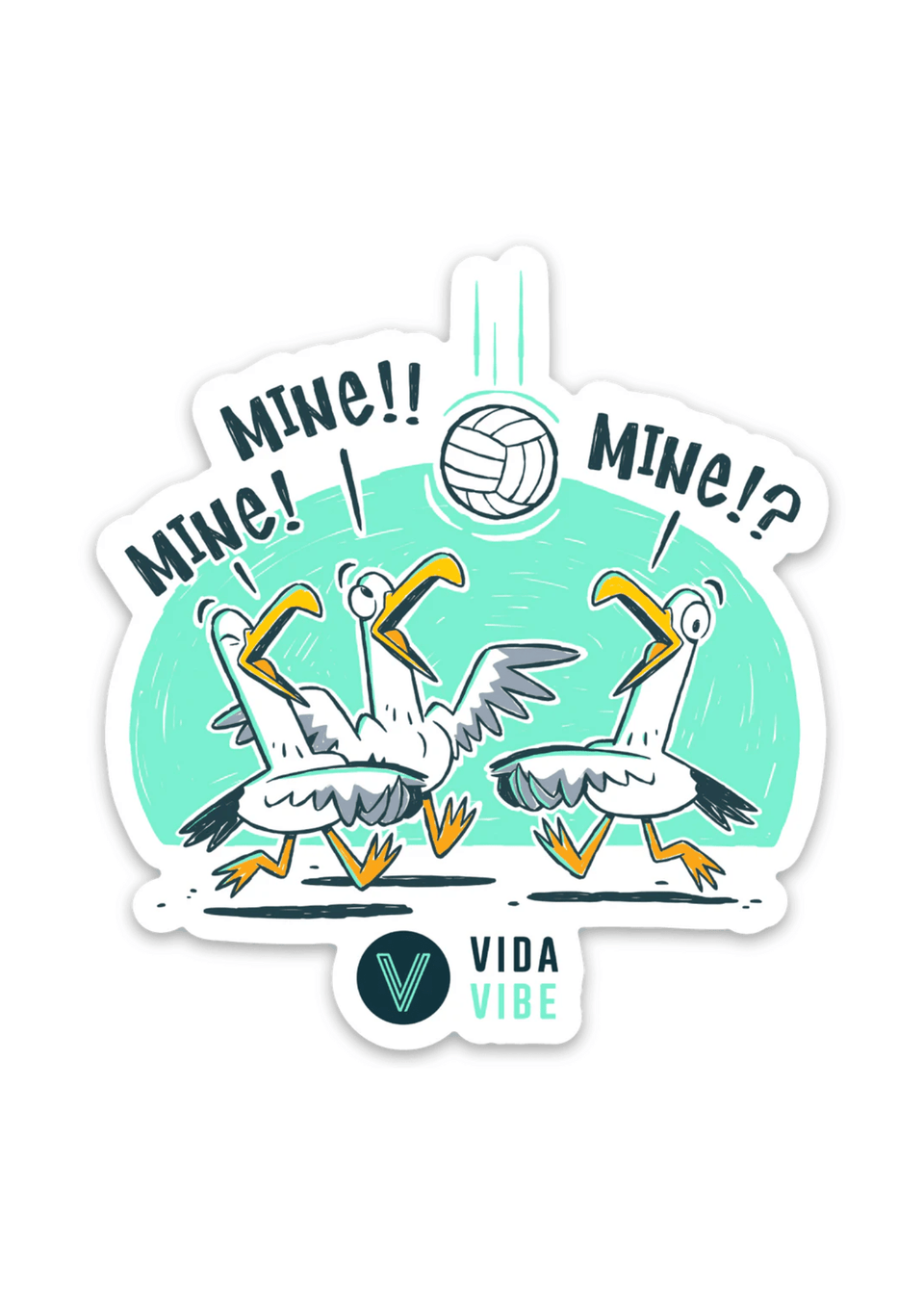 Sticker with cartoon pelicans and 'Vida Vibe' branding on a white background